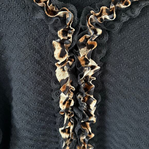 Chico's Womens Cardigan Sweater Size 3 XL 16 Black Leopard Ruffle Lace Trim Work - Picture 4 of 10